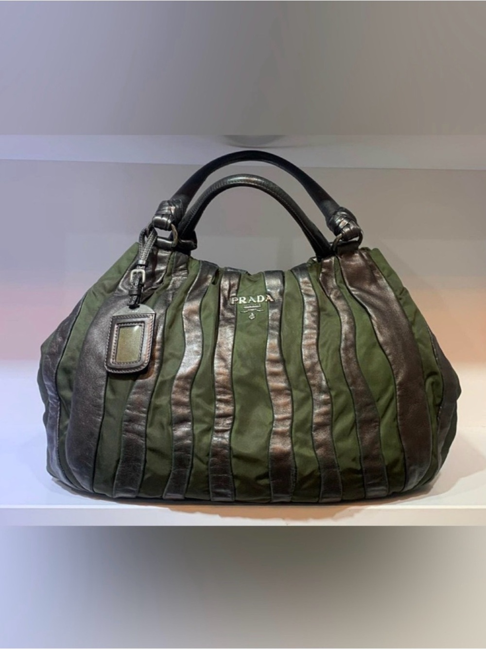 Prada Olive Green Tote with Brown Leather Straps - Picture 2 of 13